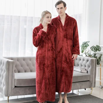 

Lovers Winter New Robe Flannel Sleepwar With Zipper Lougne Kimono Gown Coral Fleece Bathrobe Gown Couple Nightwear Home Wear