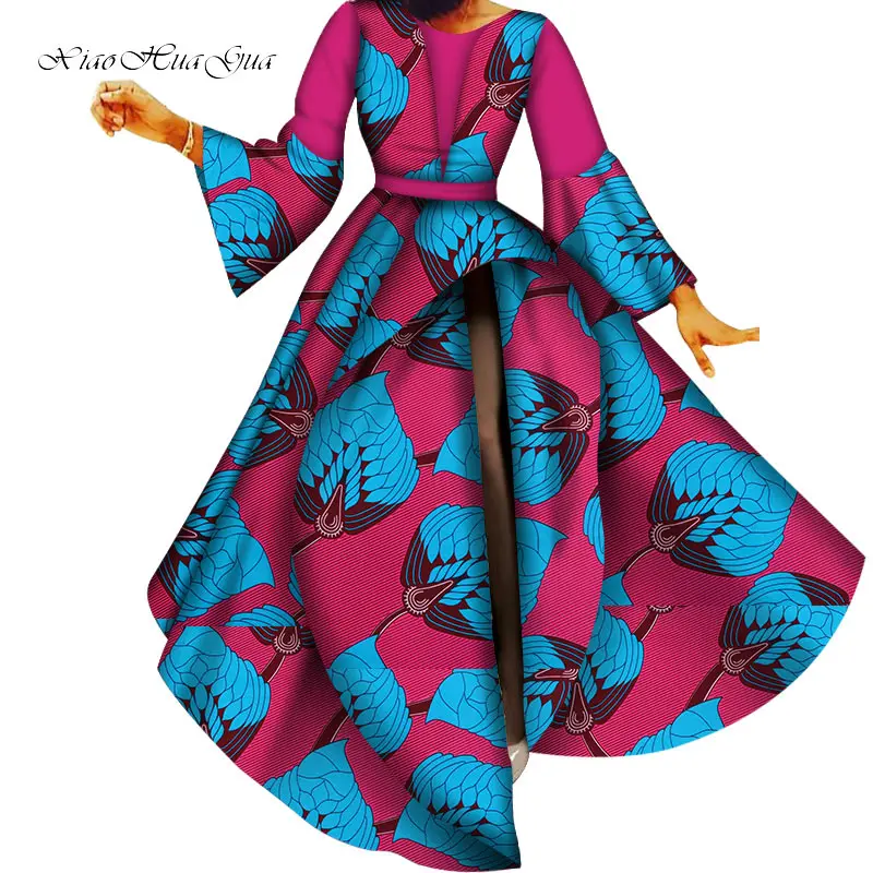 Fashion Patchwork Flare Sleeve Long Dress Bazin Riche African Print Dresses for Women Party Vestidos African Clothing WY5643