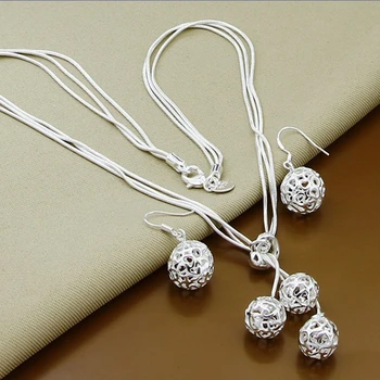 

New Fashion 925 Jewelry Sets Sterling Silver Round Ball Necklace Earrings Set For Women Birthday Gifts