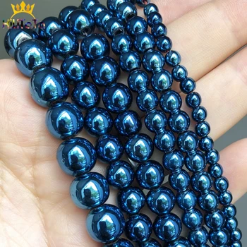 

Natural Stone Dark Blue Plated Hematite Round Loose Spacer Beads For Jewelry DIY Making Bracelet Accessories 15'' 3 4 6 8 10mm