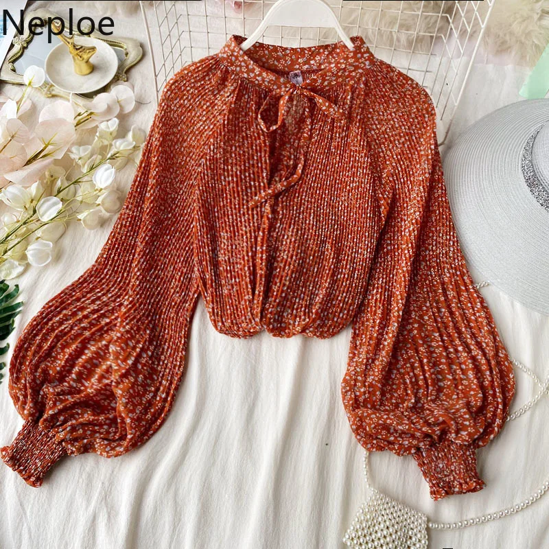 

Neploe Flower Print Bow Blouse Women Spring 2020 O Neck Lantern Sleeve Ladies Blusa Shirts Fashion Casual Female Tops 1B197