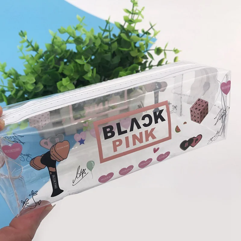 

New Kpop BLACKPINK GOT7 TWICE TXT SEVENTEEN Transparent Storage Bag Pink Pencil Case Size 18*6.5*5.5CM Hot Sale