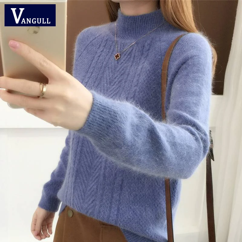 Vangull полуводолазка вязаный свитер женский длинный рукав толстый мягкий женский пуловер Зима Теплый однотонный джемпер - Цвет: Blue