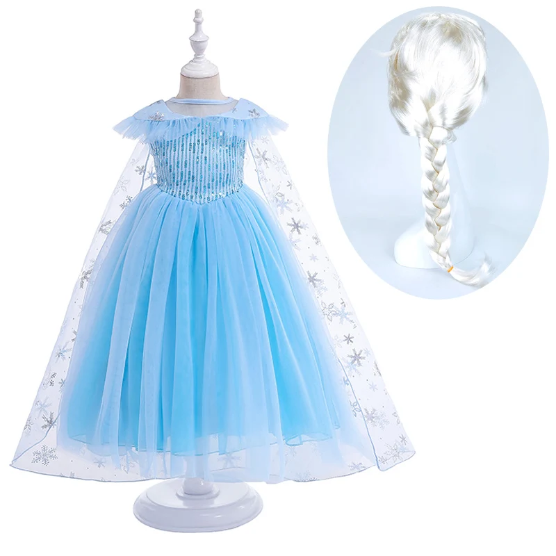 Платье принцессы Эльзы для девочек; Детский карнавальный костюм Снежной Королевы; костюм Эльзы и парик; детская праздничная одежда на день рождения