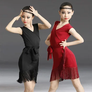 

Latin Dance Dress Girls Tango Salsa Ballroom Practice Wear European Clothes Cha Cha Rumba Samba Fringe Black Dresses DCC267