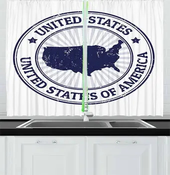 

Navy Blue USA Map Kitchen Curtains Grunge United States America Stamp Pattern Federal National Image for Kitchen Cafe Decor