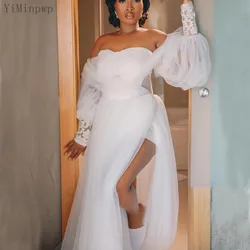 YiMinpwp White Wedding Dresses Bride to be Robes Off Shoulder Long Sleeve Side Split Pleats Appliques robes de mariee