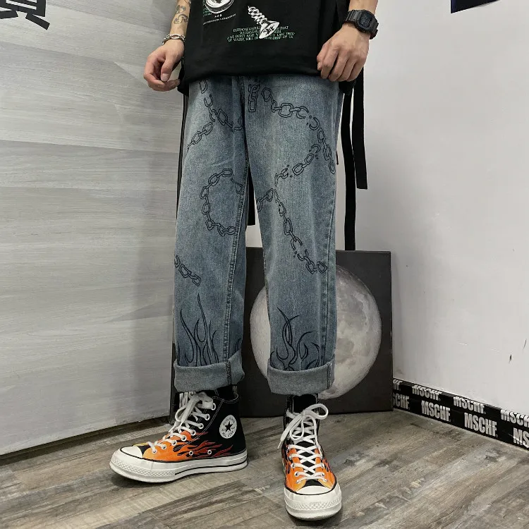 ripped jeans 2020 New Autumn Casual Jeans Woman Long Trousers Cowboy Female Loose Streetwear Graffiti Flame Print Pants ZA5128 denim jacket for women