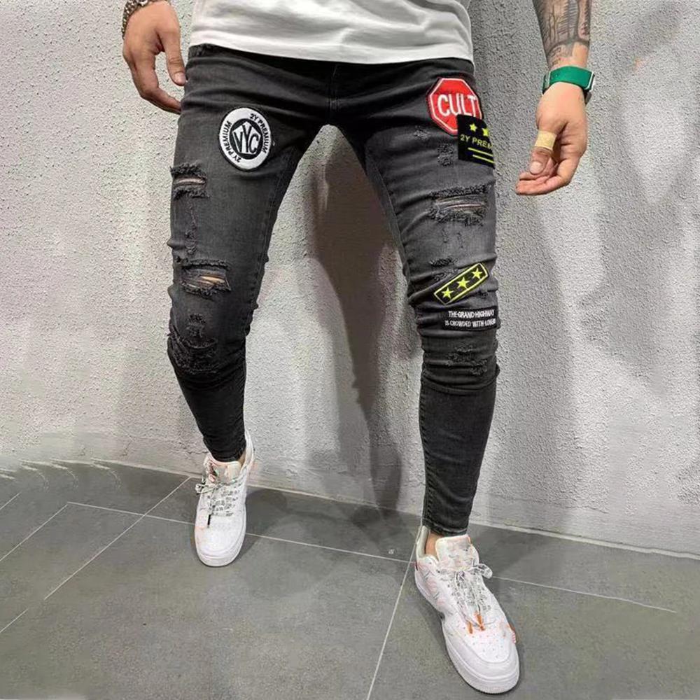 Skinny Jeans Men Stars Patches Vintage Denim Trousers Hole Ripped Jeans ...