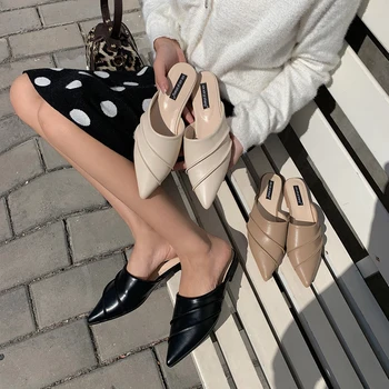 

Shoes Women Low Heels Slippers Sewing Pointed Toe Mules Fashion Slip on Loafers Shallow Slides Black Khaki Beige Zapatos Mujer