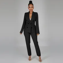 Женский офисный Повседневный осенний костюм из двух частей с длинным рукавом и пуговицами, однотонный элегантный костюм для отдыха Conjunto Femenino