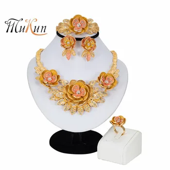 

African Jewelry Set Flower Necklace Bracelet Dubai Gold Jewelry Set for Women Wedding Party Jewelry Bridal Earrings Ring Jewelry