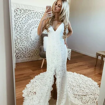 

Mermaid Bride Dress Spaghetti Straps Backless Beach Lace Wedding Dress for Wedding