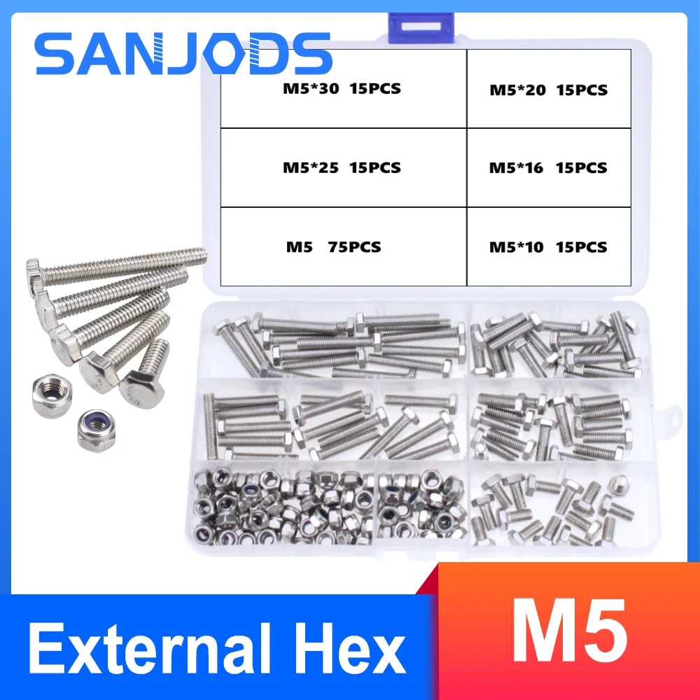 External Hex Hexagon Head Screw with Lock Nut Set Stainless Steel M5