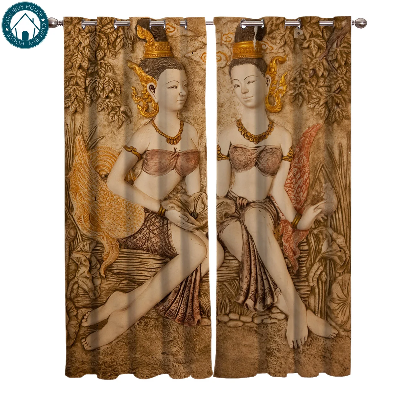 

Woman Embossed Gold Jewelry Leaf Texture Gold Curtains Living Room Curtains Kitchen Indoor Window High Blackout Curtain