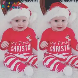Новое поступление, модная Рождественская одежда для малышей, комплект с топами, комбинезон + штаны в полоску Одежда для новорожденных