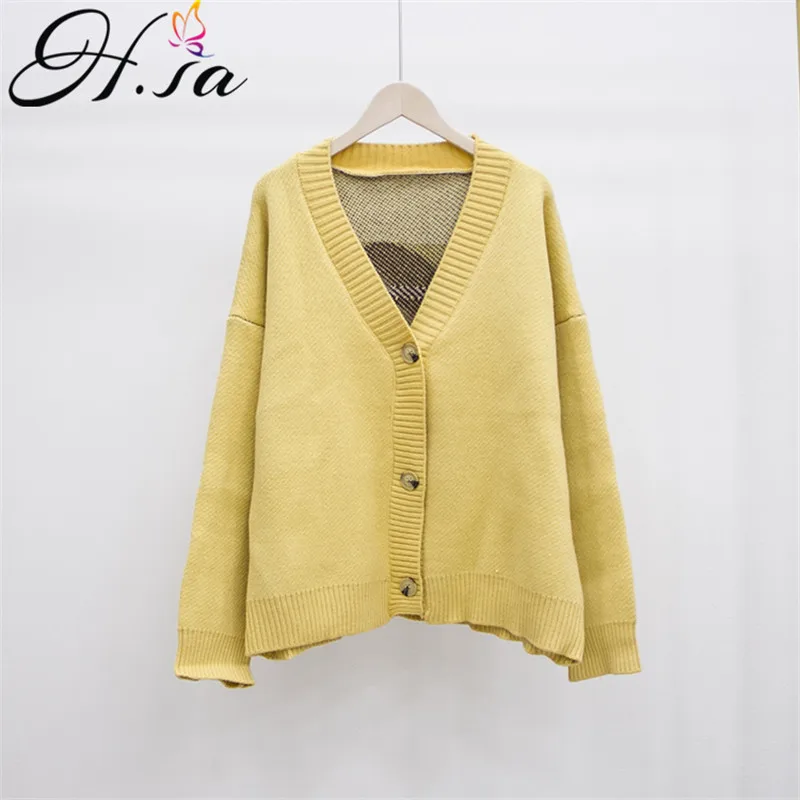 

H.SA Women Winter Harajuku Sweater Cardigans Back Print Cartoon Knitwear Cardigans Yellow Jumpers WHO CARES Letters Knit Jacket