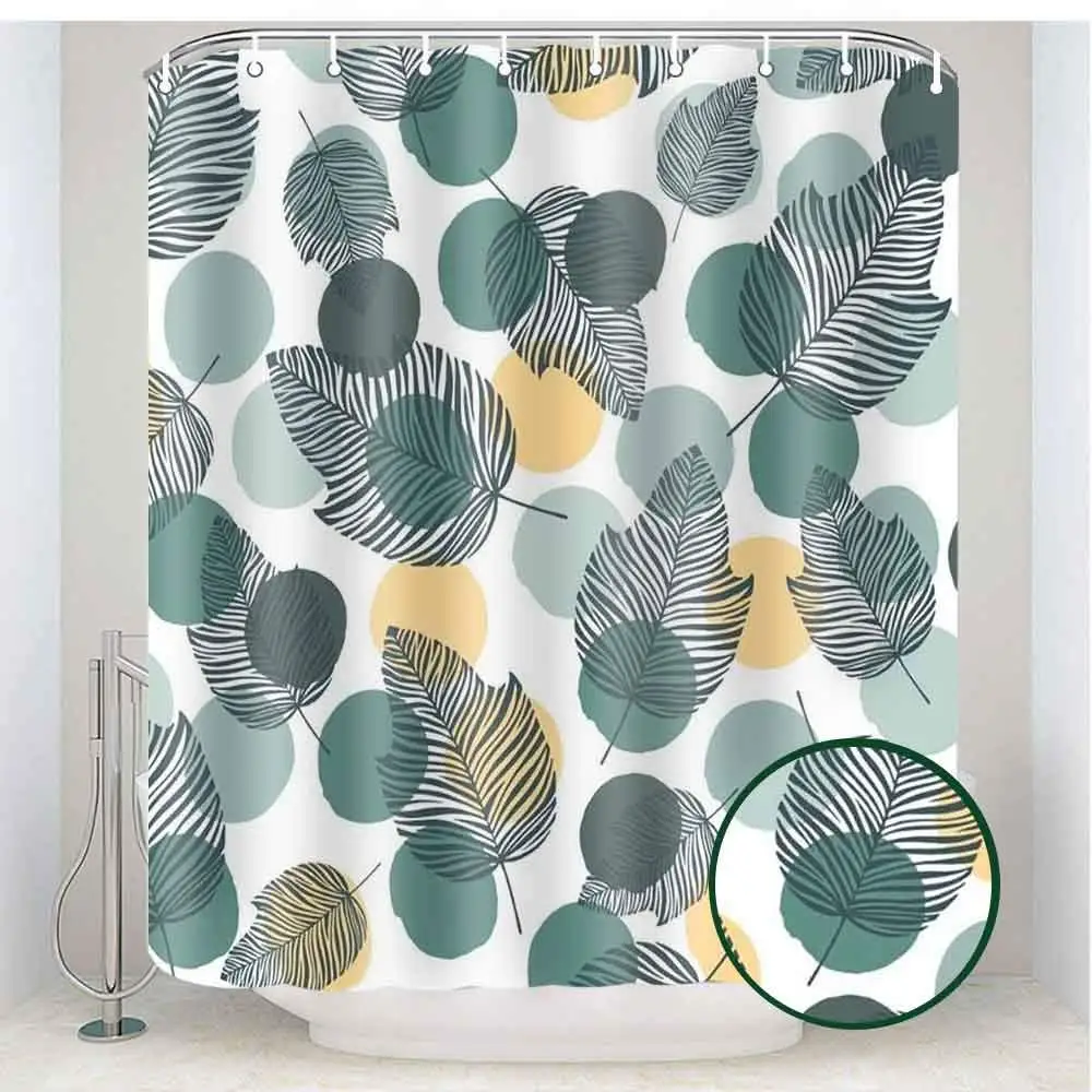 

R Tropical Plants Shower Curtain Colorful Dot Green Plant Faric Bathroom Decoration with 12 Hooks Waterproof Washable 72 x 72In