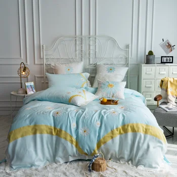 

Pink Daisy Bedding Set 600TC tencel Bed Linens Bed Sheet Set Bedclothes pillowcase Queen/King Size embroidery Bed cover 4pcs