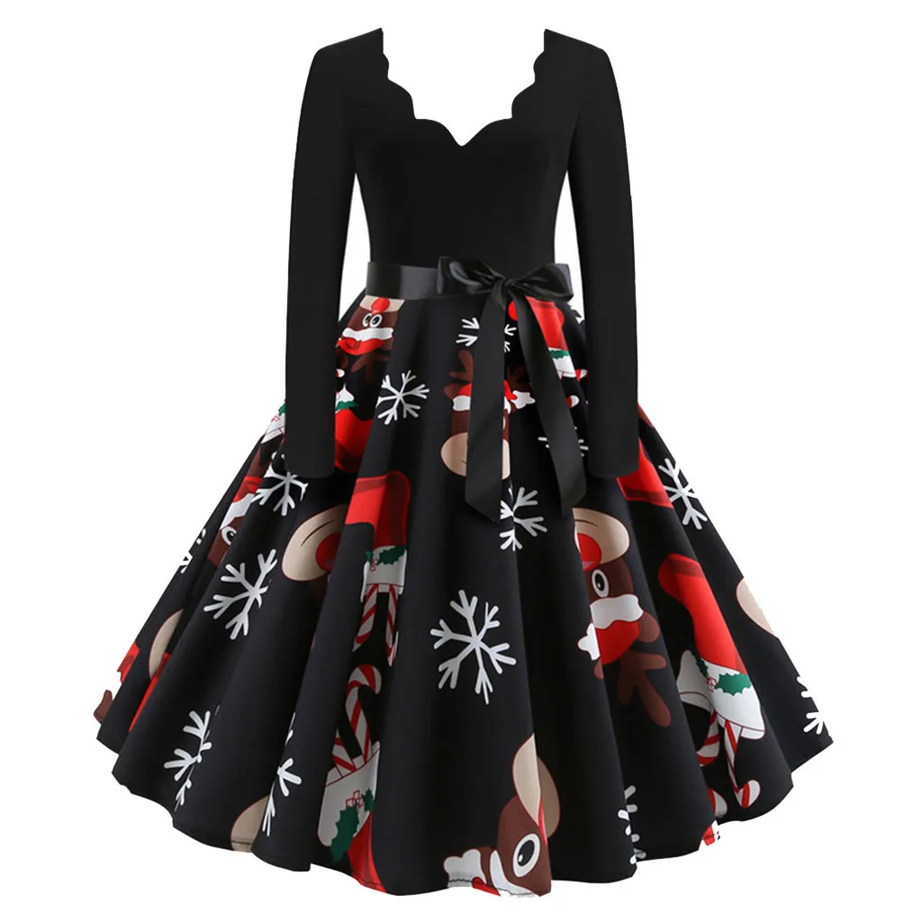 Модное рождественское платье для женщин с длинным рукавом Рождественский принт музыкальных нот винтажное расклешенное платье robe pull femme hiver