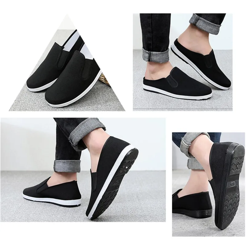Hombres Retro Simple y viejo zapatos de tela de Beijing Casual Slip-banda BAJA zapatos desodorante suave suela ligera Semi-drag zapatos perezosos zapatos