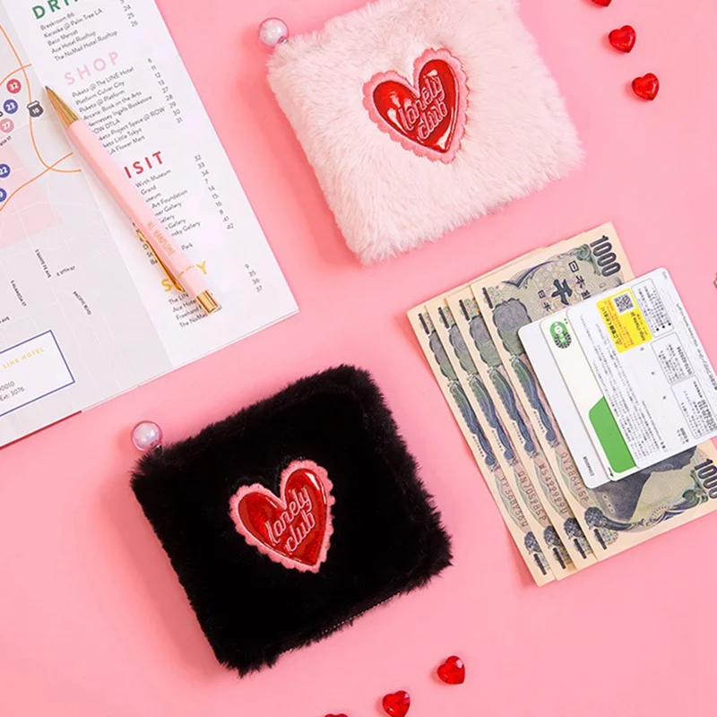 1PC Mini Plush love Square Wallet Laser PVC Wallet Pink Black Women Lady Coin Purse Wallet Winter Harajuku Small Wallet Dropship