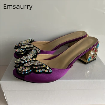 

Crystal Butterfly-Flower Party Sandals Women Jeweled Rhinestone Square Heel Sexy Peep Toe Slingbacks Runway Mules