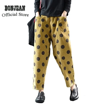 

Women Pants Trousers Cotton Corduroy Thick for Autumn Winter Big Loose Oversized Polka Dots Retro Fashion Casual AZ16192621