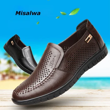 

Misalwa New Men's Genuine Leather Perforated Hollow Out Casual Shoes Breathable Man Flats Father's shoes Slip on Classic Loafers
