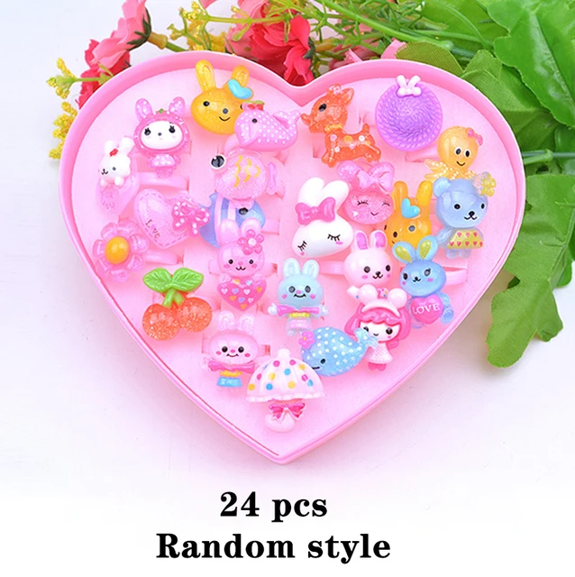 12/24/36Pcs Kids Girls Makeup Jewelry DIY Rings Toy Flower Cartoon Crystal Jewelry Children Princess Rings Decor Girl Gift 5