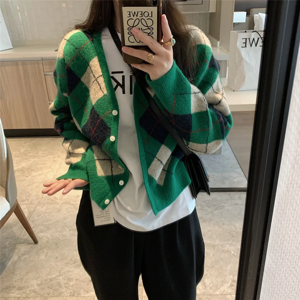 2021 autumn winter new women's sweater loose V-neck diamond knitted cardigan Green Vintage sweater coat кардиган женский сетка long cardigan