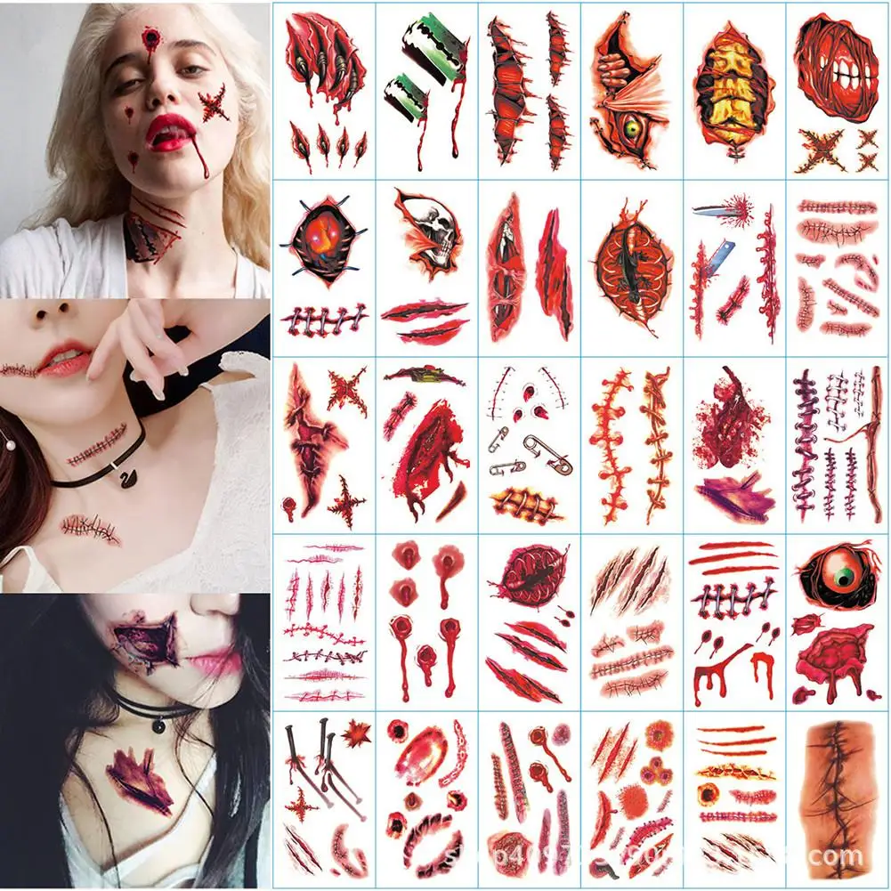 30pcs/set Halloween Temporary Tattoos Stickers Fake Wound Scar Bruise Zombies Cosplay Party Face Body Art Makeup Sticker | Красота и