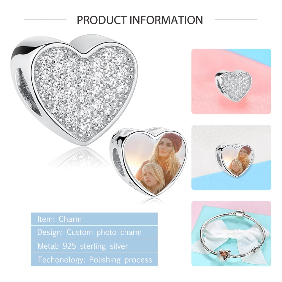 BELAWANG-abalorio de circonia cúbica de Plata de Ley 925, abalorio de corazón con foto personalizada, compatible con Pulsera Original, joyería personalizada