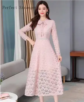 

2020 Spring Autumn New Arrival Elegant Bow Collar Long Sleeve Women Lace Long Dress High Quality