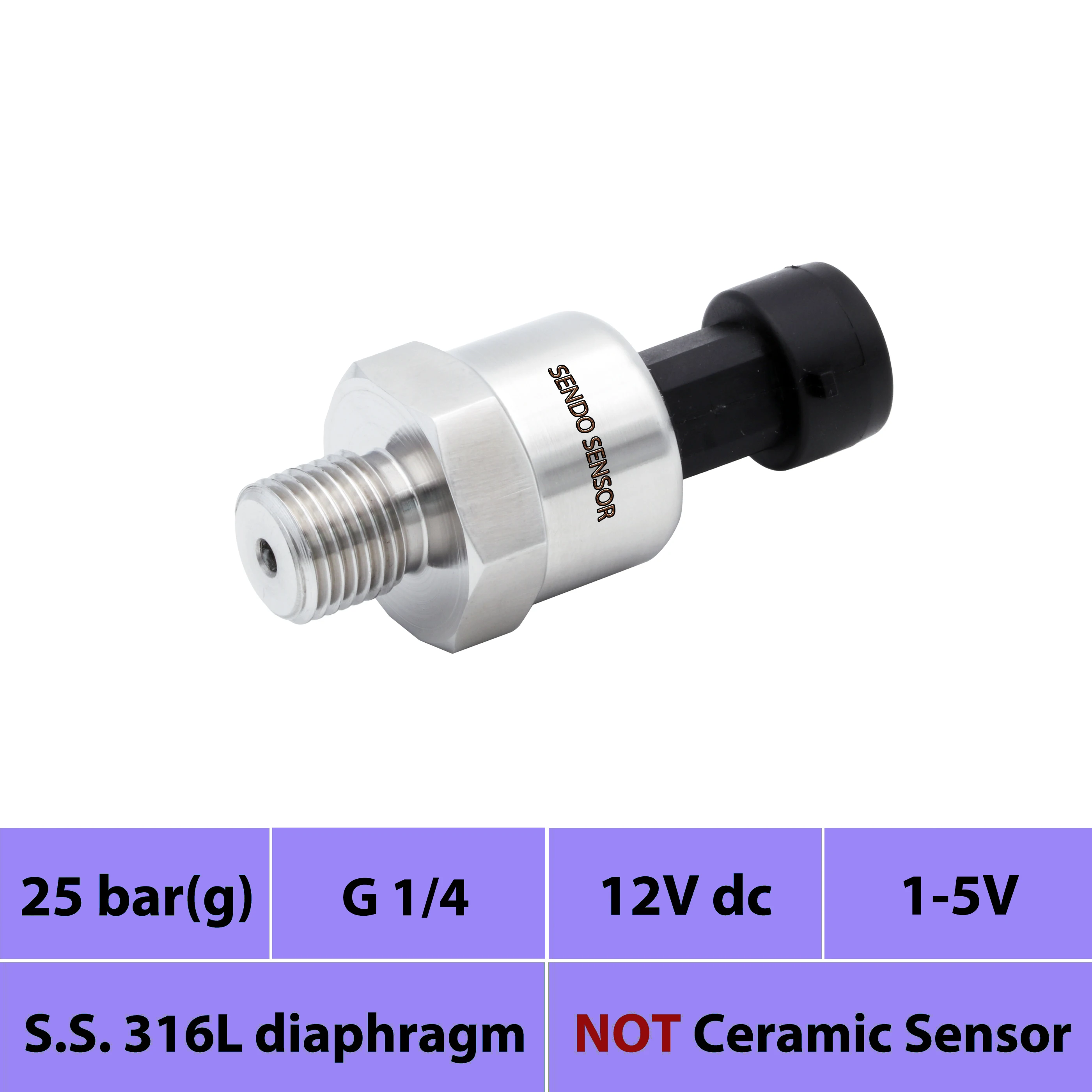 

0 2.5 mpa, 25 bar gauge pressure, sensor pression, G 1 4 in thread, 1-5V, 12V, 24V dc power, Stainless steel 316L diaphragm