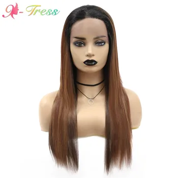 

Lace Front Yaki Straight Wigs For Black Women X-TRESS 22'' Long Ombre Brown Color Synthetic Wigs Heat Resistant Fiber Hair