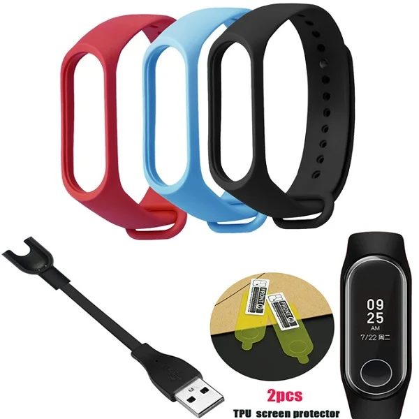 red-blue-black YHNUJM Сменные ремни+ usb-кабель для зарядки+ 2 шт Защитная пленка для экрана для Xiaomi Mi Band 3 умный силиконовый браслет - Цвет: red-blue-black