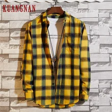 KUANGNAN хлопковая желтая мужская клетчатая рубашка модные мужские рубашки с длинным рукавом мужские повседневные тонкие рубашки Fit 5XL уличная Новинка осень