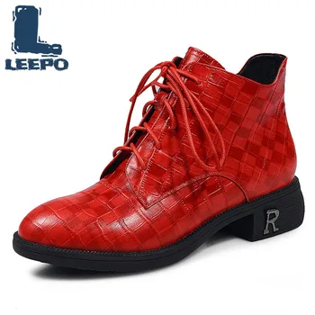 

Women Ankle Boots Sheepskin Autumn Winter Short Plush Red Checkered Zippers Mid Heels Female Luxury Boots Party Shoes 39