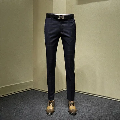 mens dress pants deep blue plaid slim fit retro suit pants formal pant for business man casual autumn wedding groom trouser - Цвет: Синий