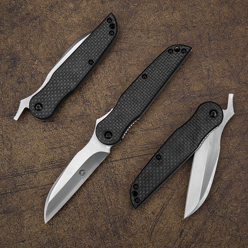 Japanese Style Folding Pocket Knife with Nylon Sheath Carbon Fiber Handle D2 Blade EDC Tool Knives for Camping Survival Outdoors 6