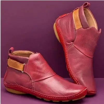 Женские ботильоны из искусственной кожи; женские Винтажные ботинки в стиле панк с перекрестными ремешками; сезон осень-зима; женская обувь на плоской подошве; botas mujer - Цвет: Red