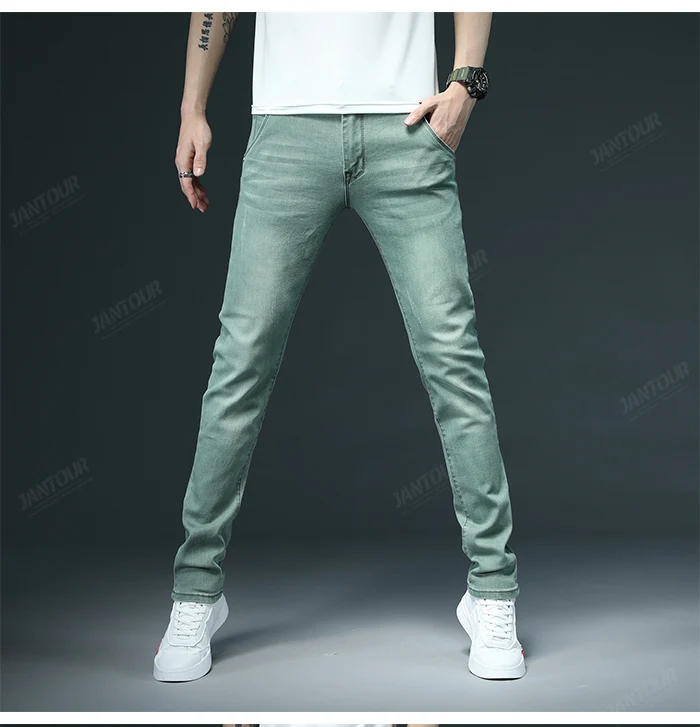 بنطلون جينز ضيق للرجال ، بنطلون مطاطي ، نمط غير رسمي ، متوفر بـ 7 ألوان ،  أخضر ، كاكي ، رمادي|جينز| - AliExpress