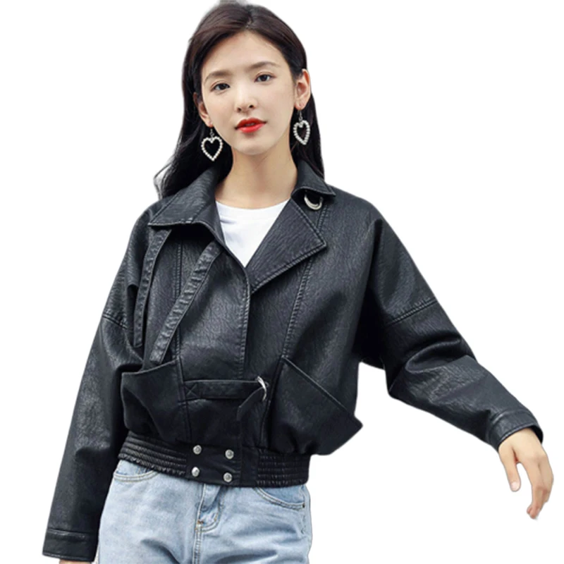 

2019 Chic Cool Leather Woman Loose Coat Bat Sleeve Pu Locomotive Wind Perfecto Femme Cuir Dames Jassen Winter Black Jacket