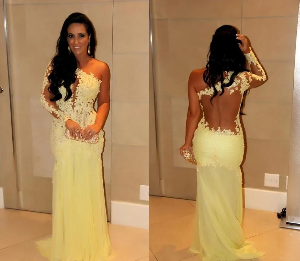

Oscar Yellow Mermaid Lace Long Sleeve Evening Dresses Sheer Chiffon Prom Gowns Long Celebrity Red Carpet Dresses One Shoulder