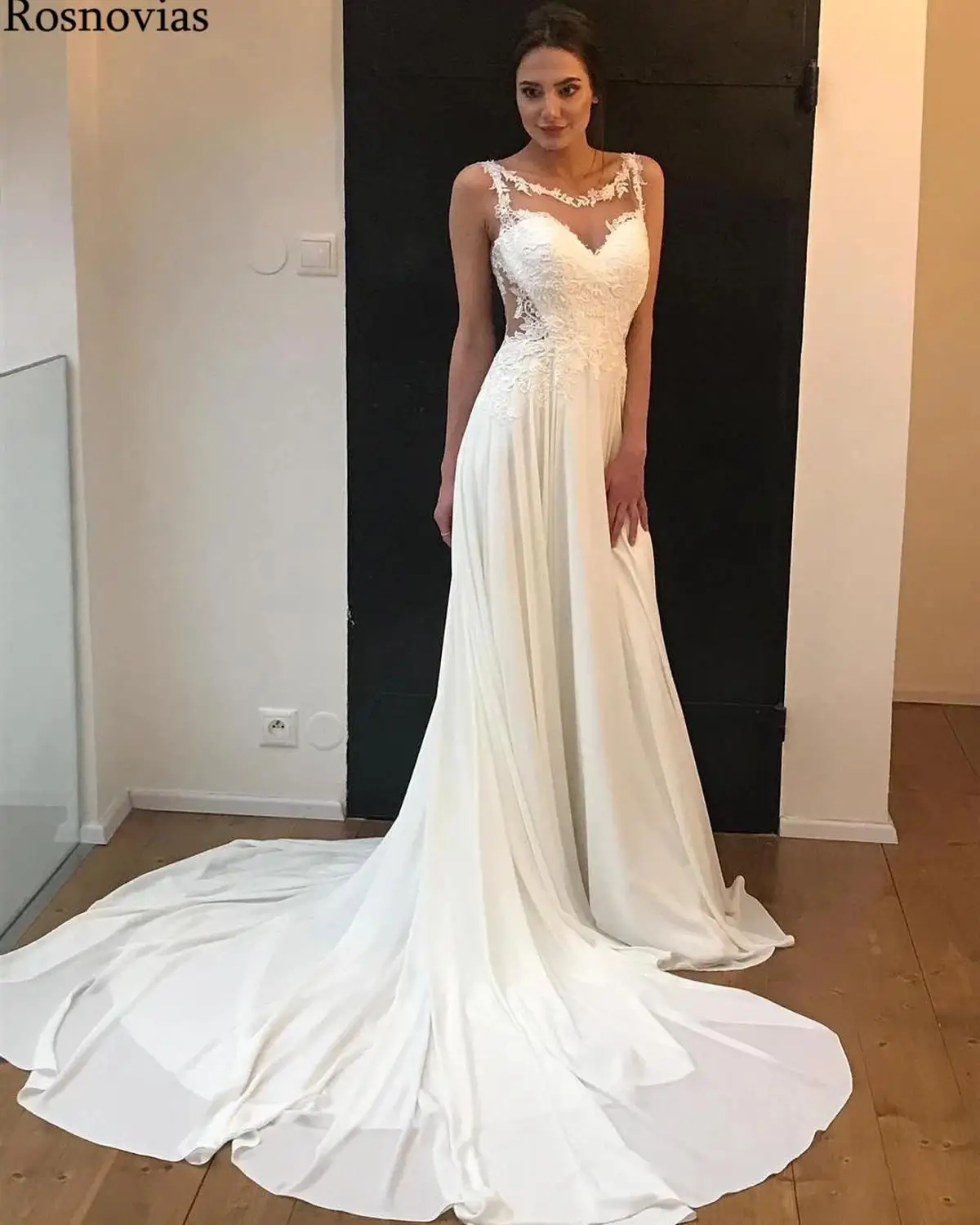 

Boho Chiffon Wedding Dresses Sheer Neck Zipper Back Covered Buttons Lace Appliques Beach Bridal Gowns Vestido De Noiva Custom