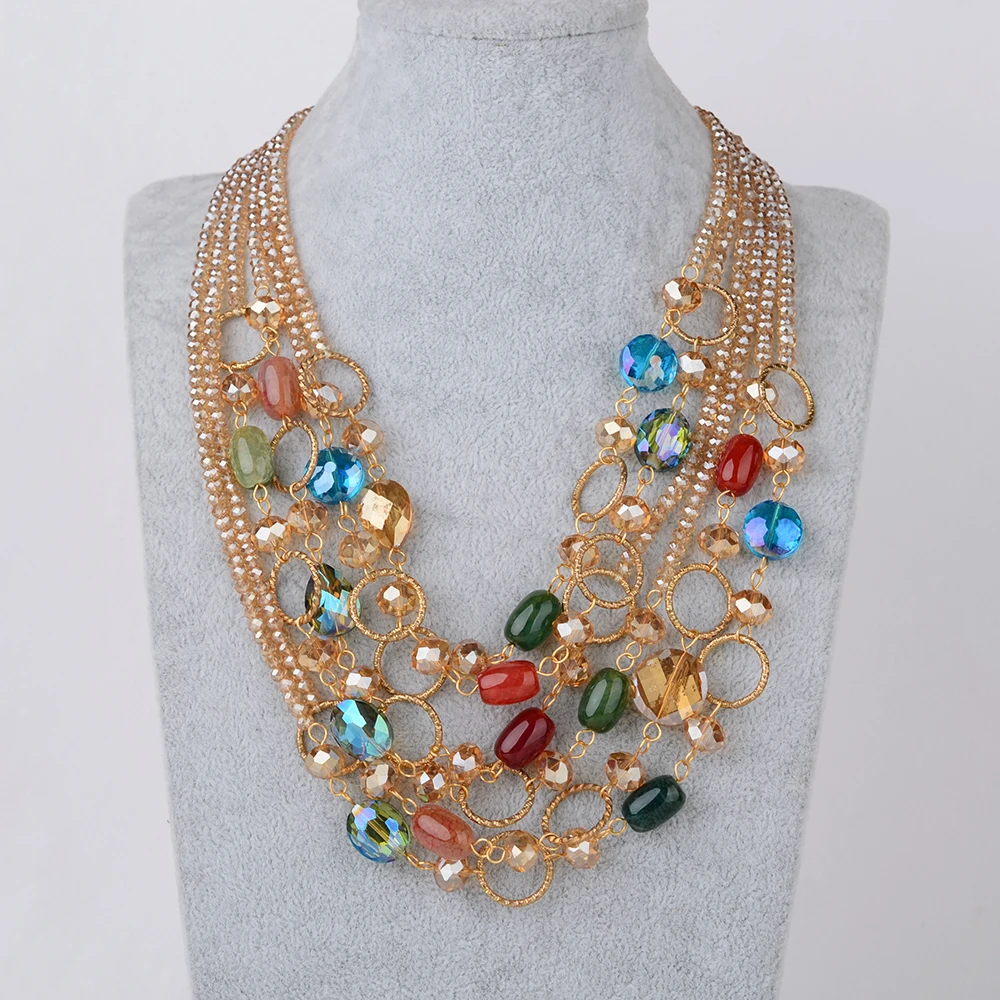 

6 Strands Multi color Gems Stone Crystal Necklace 20"