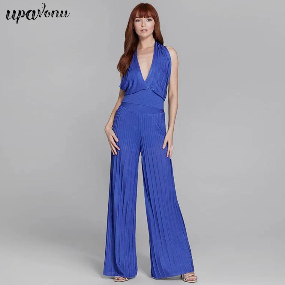 Новые полки Королевский синий v-образным вырезом без рукавов Bodycon знаменитостей женский комбинезон бандажный комбинезон праздничная одежда