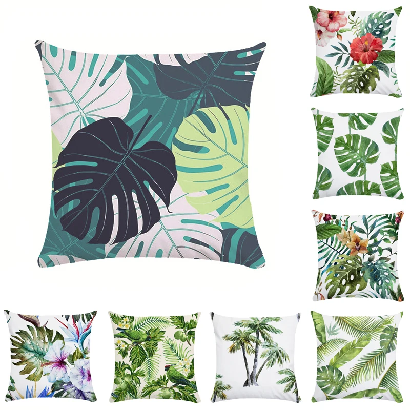 

Tropical Plants Palm Leaf Green Leaves Polyester Cushion Covers Hibiscus Flower Pillow Cover Sofa Bed Decoration Pillow Case
