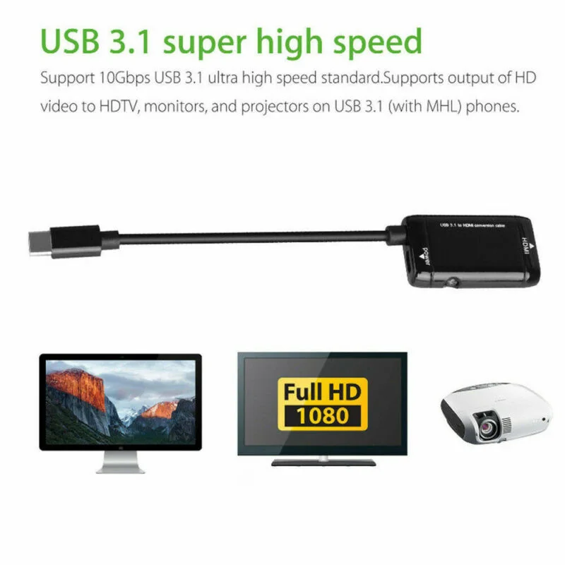 For Android Phone Tablets USB-C Type C To HDMI Adapter Cable Black Receiver Part